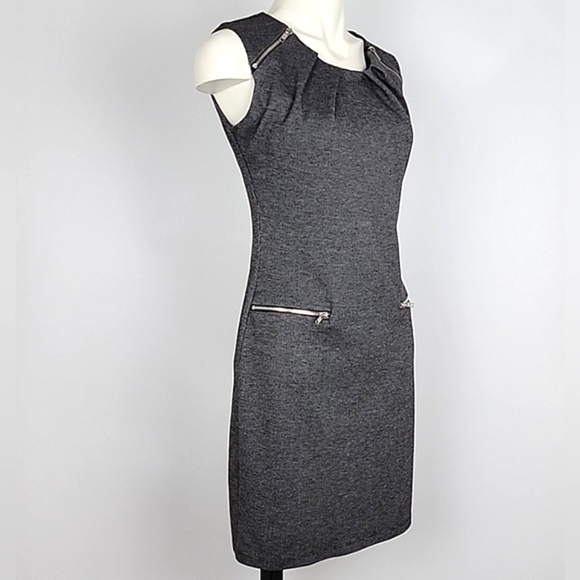 ENFOCUS Studio Dress Heathered Grey Round Pleated Neckline Zippers Stretch Sz 6 - Picture 2 of 14